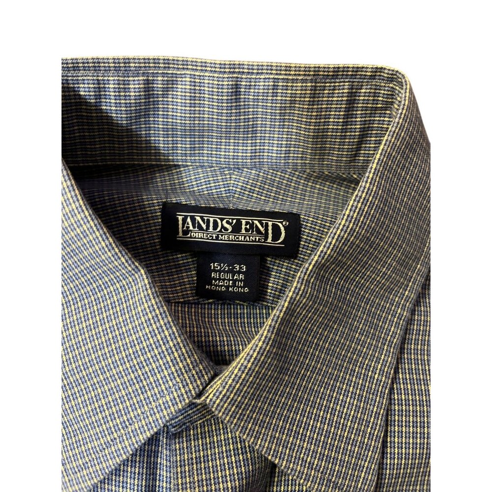 Lands’ End Men’s 15.5 33 Dress Shirt Blue Yellow Plaid Cotton Button Front Used - Picture 7 of 12